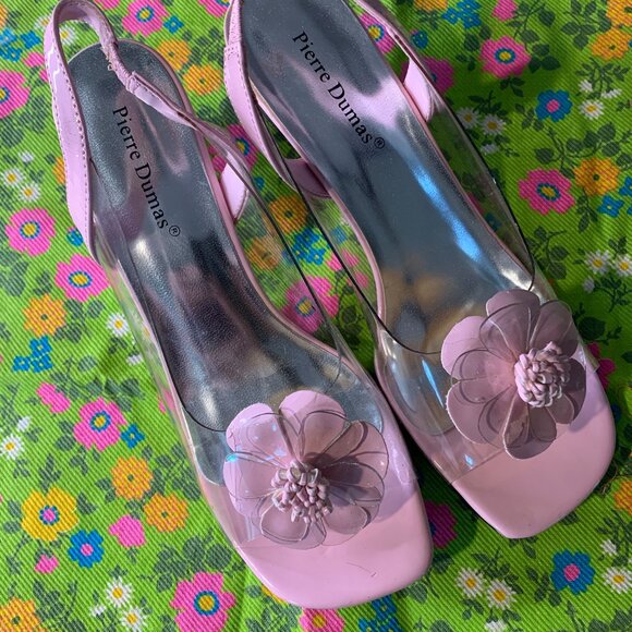 Vintage Pierre Dumas Pink Floral Clear Unique Chunky Heel Mule Sandal Size 7.5 - Picture 1 of 15